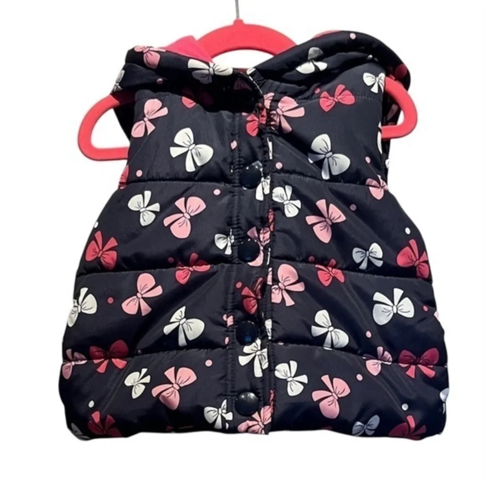 Gymboree Girl’s Puffer Vest Size 2T-3T Navy Blue Pink Bows Preppy